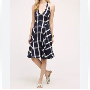 Eva Franco Navy & White Halter Dress Plaid Flare, size 6P